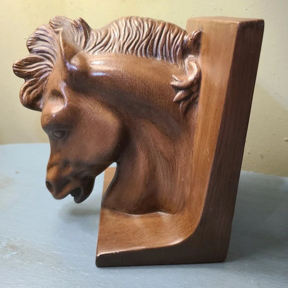 Vintage Mid Century Horse Head Bookends Set‎ Brown Wood Grain Ceramic Antiqued